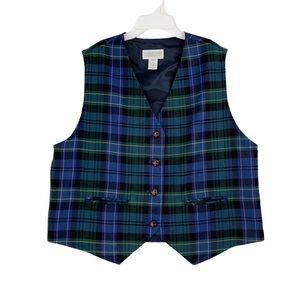 100% Wool Plaid Vest in Black, Green, Blue, and Gold Single Breasted Four Button